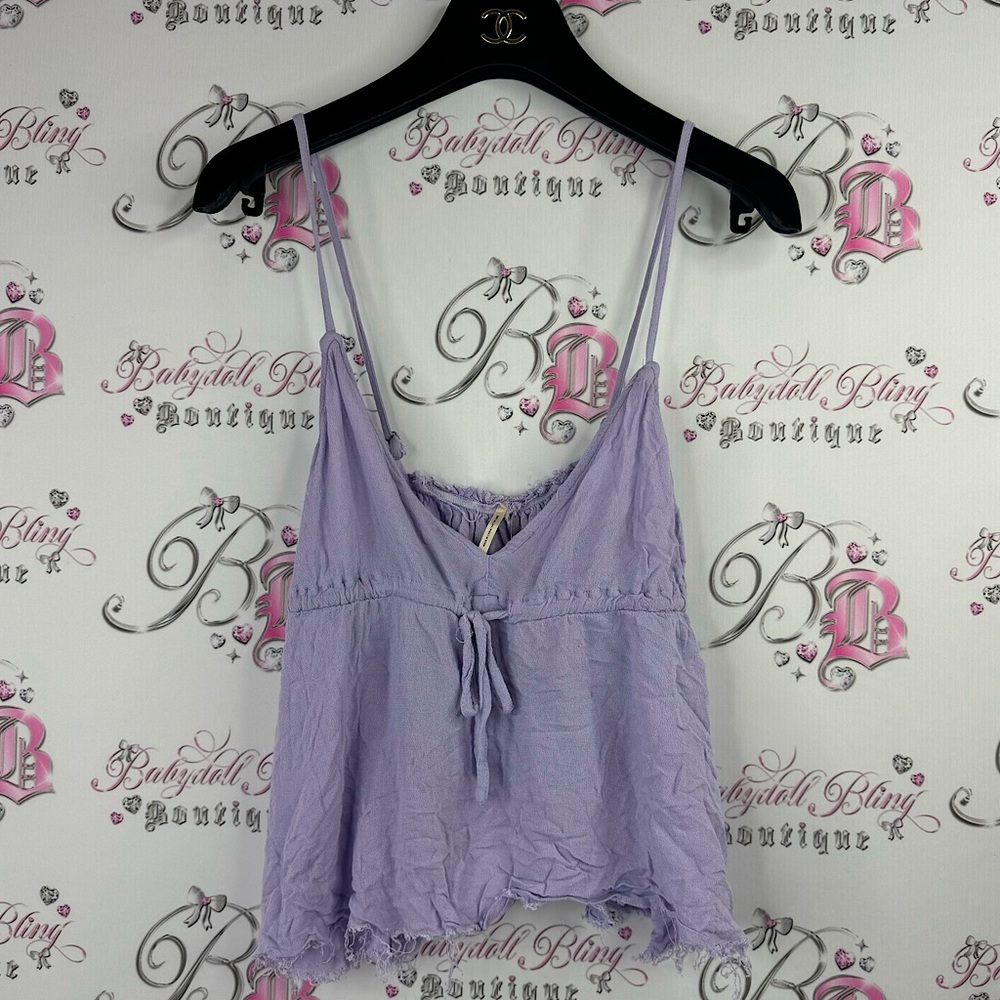 Harlow tank top distressed style with ribbon 🎀 tie up light lilac baby purple